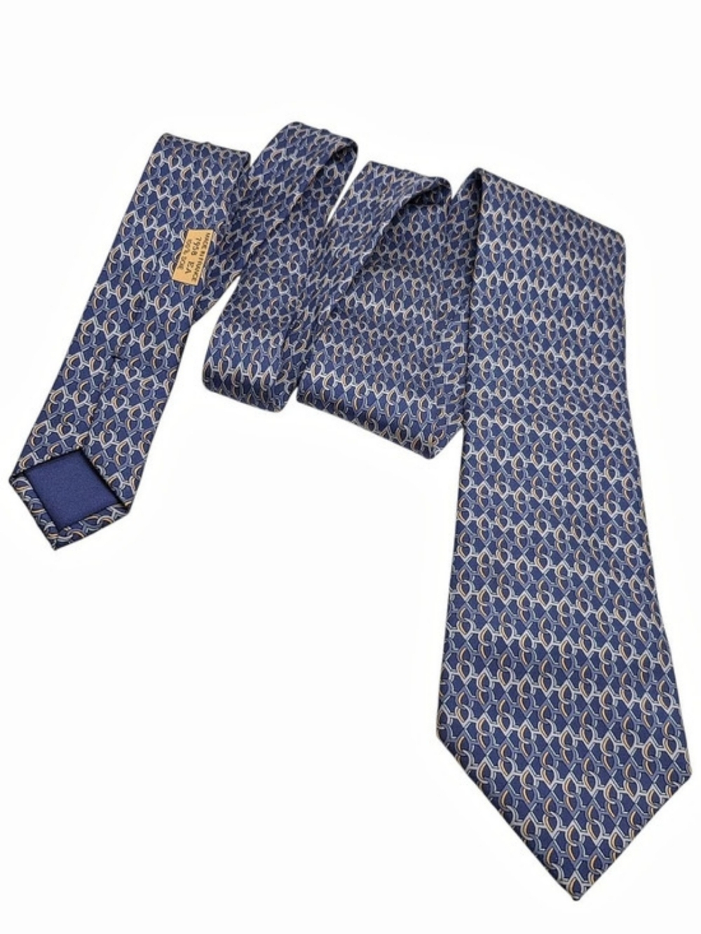 Hermès Paris Silk Necktie "Horse Bit / Chain Link" Pattern Blue 100% Silk